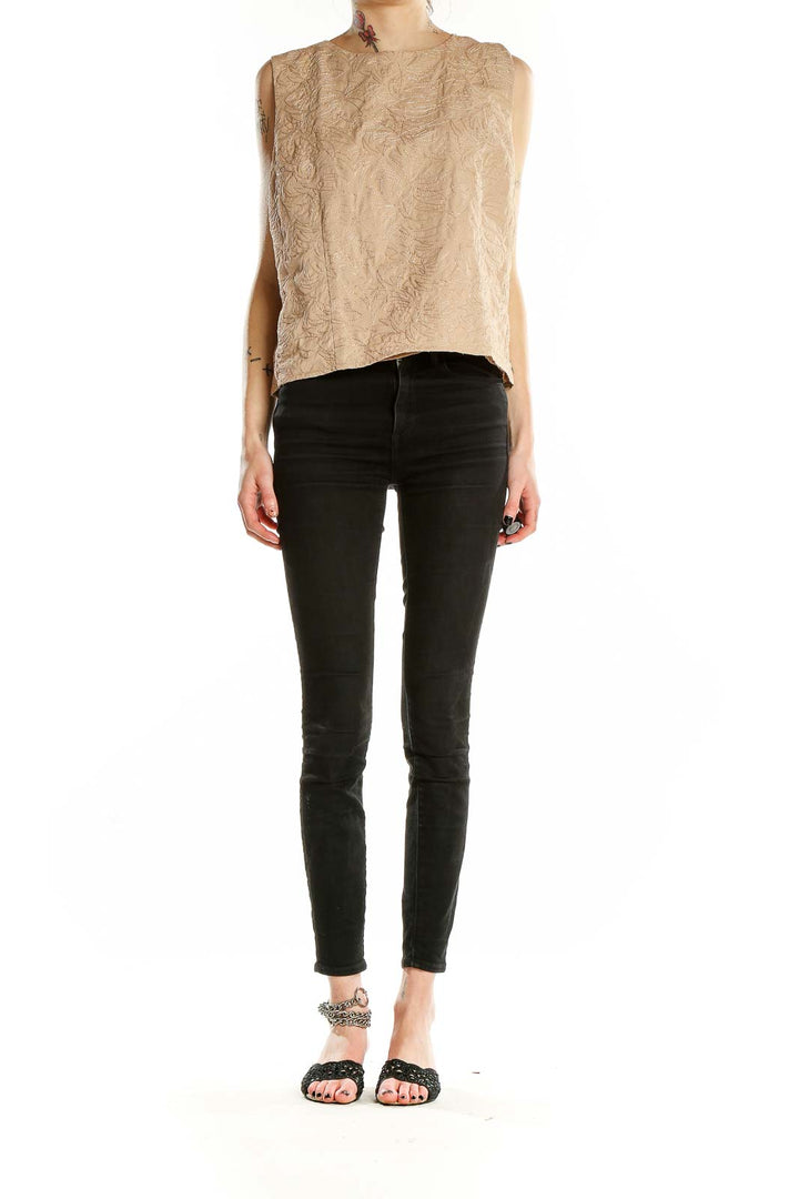 Front view of beige textured sleeveless crop top from Express