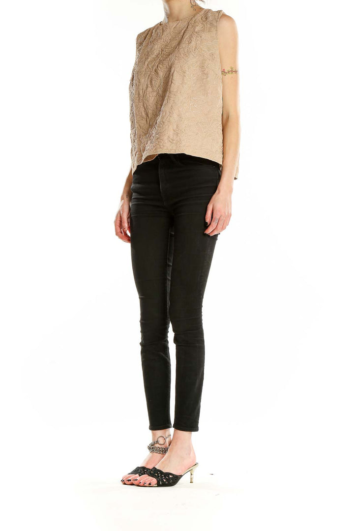 Front view of beige textured sleeveless crop top from Express