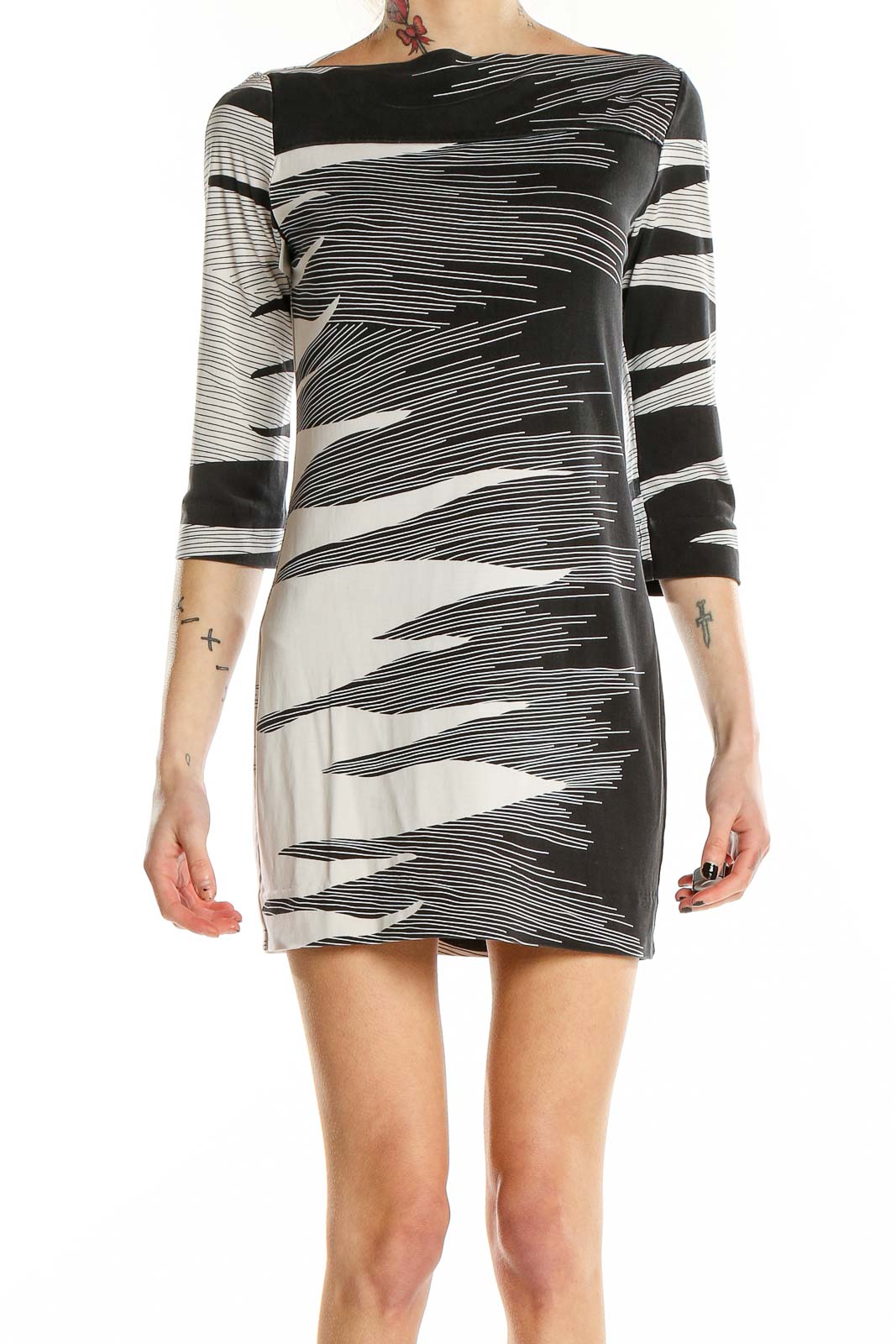 Front view of Diane von Furstenberg black and white geometric print silk mini dress