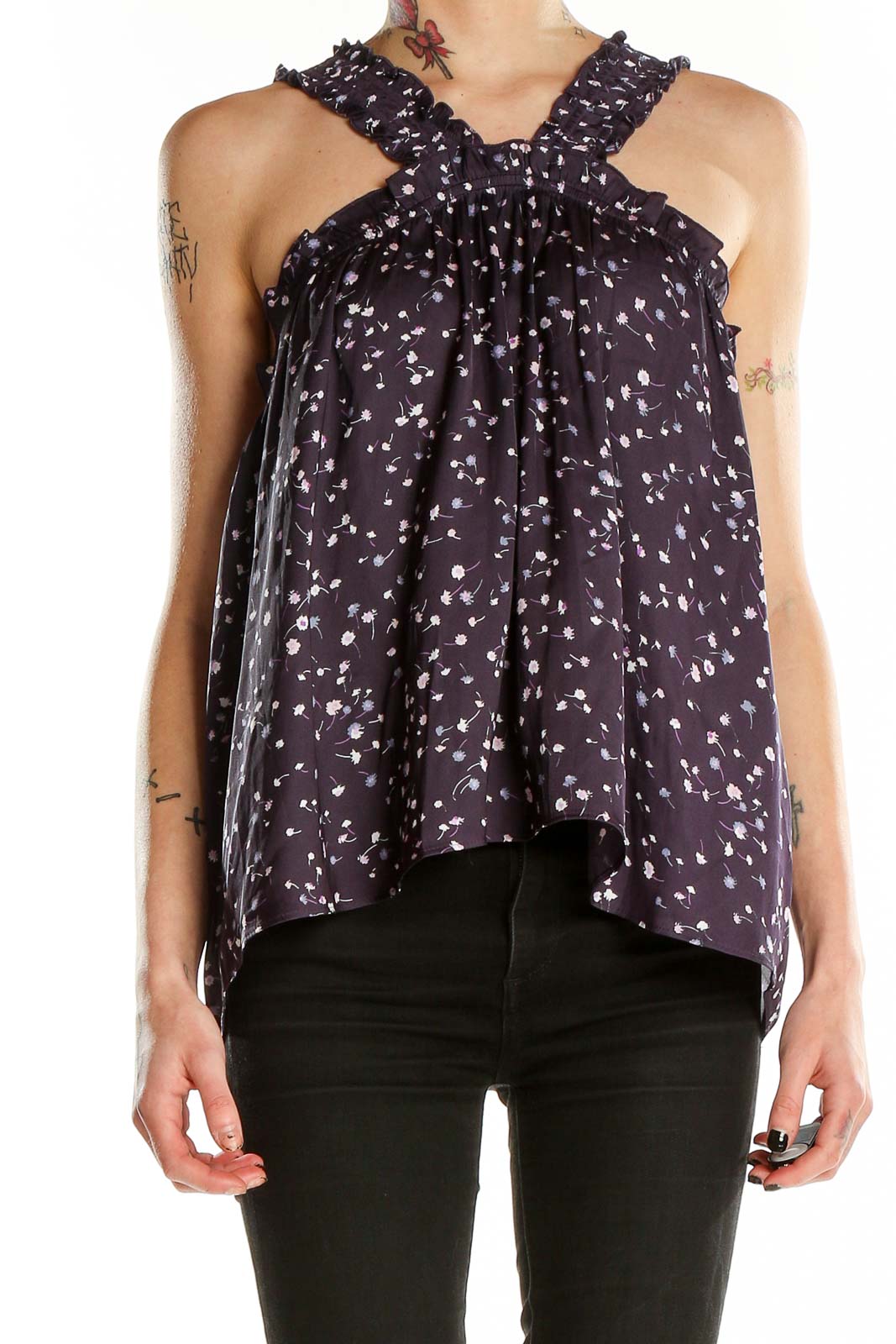 Front view of Express purple floral halter neck top with ruffle detail