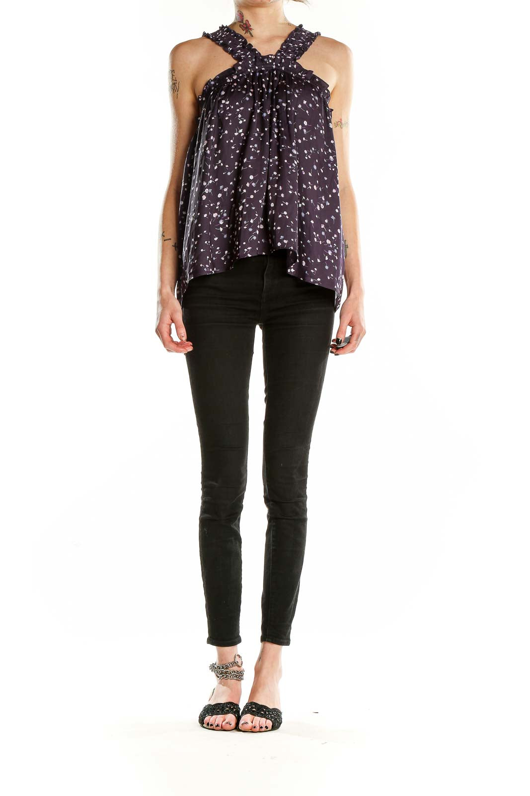 Front view of Express purple floral halter neck top with ruffle detail