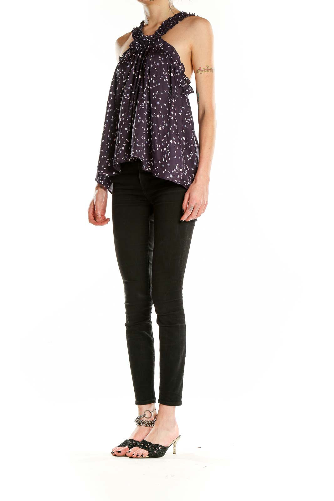 Front view of Express purple floral halter neck top with ruffle detail