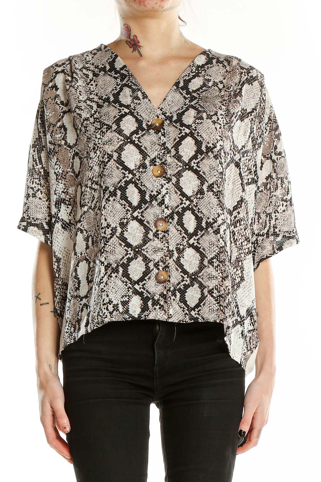 Front view of Express snakeskin print button-down blouse