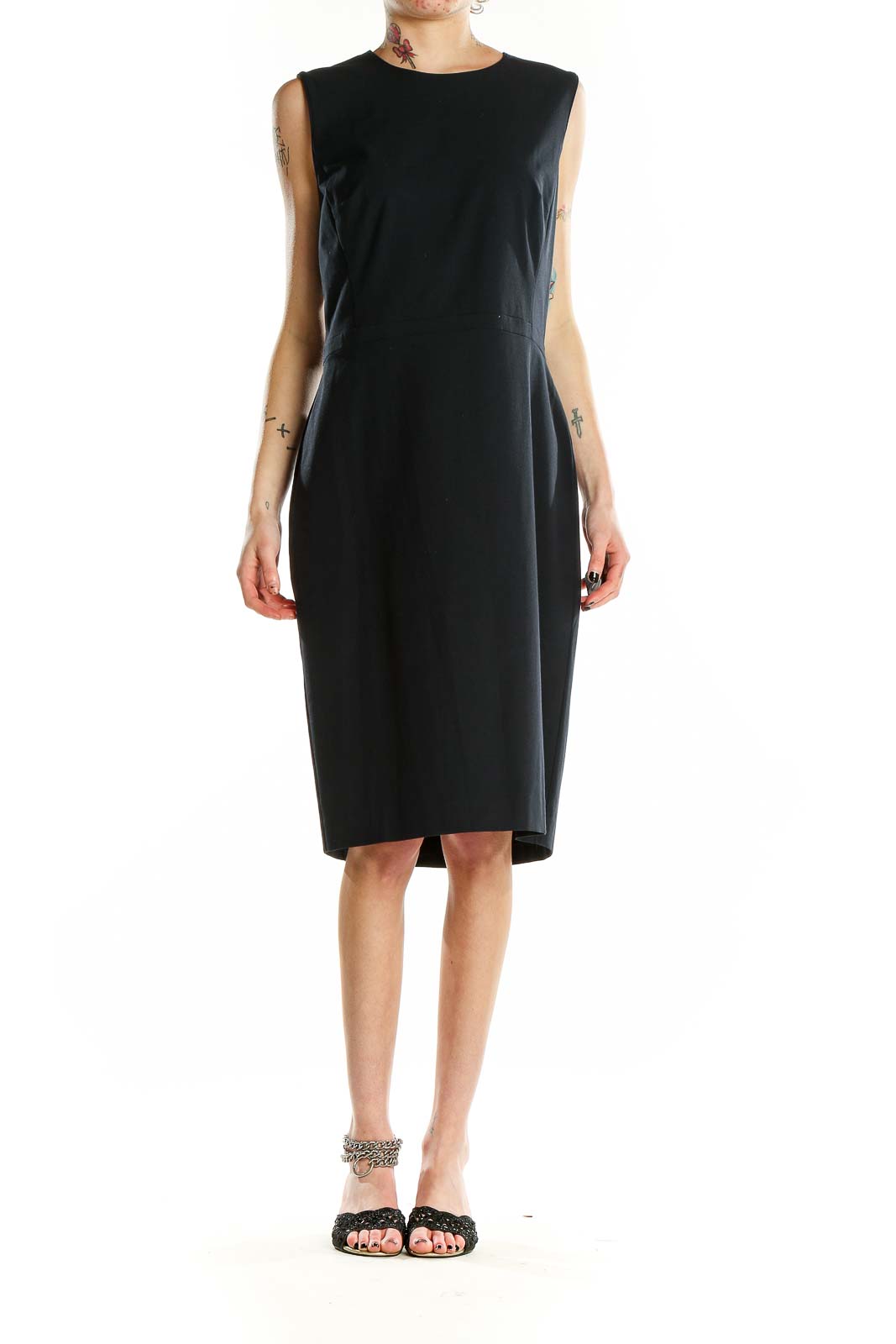 Front view of Ann Taylor black sleeveless sheath dress