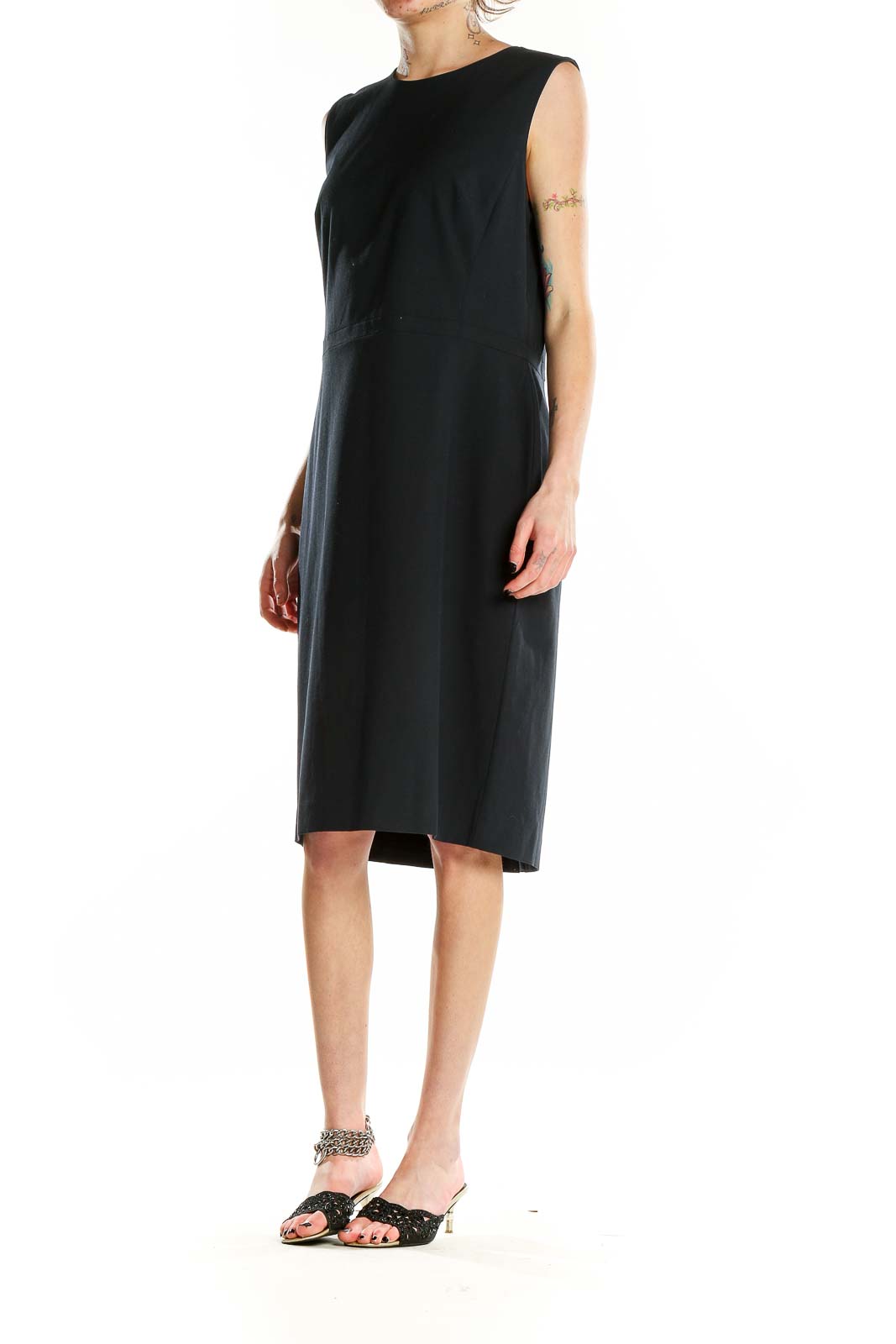 Front view of Ann Taylor black sleeveless sheath dress