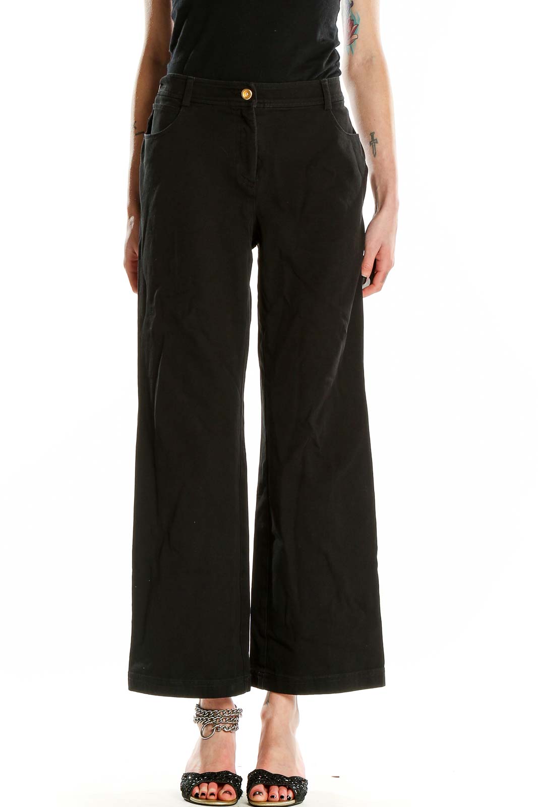 Front view of St. John Caviar black wide-leg trousers on model