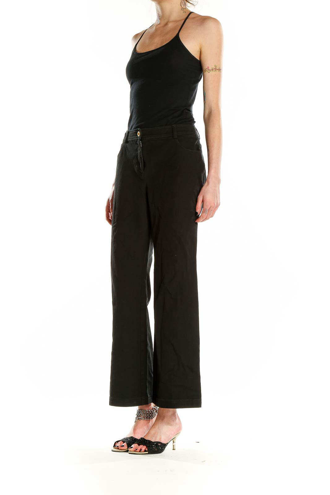 Front view of St. John Caviar black wide-leg trousers on model