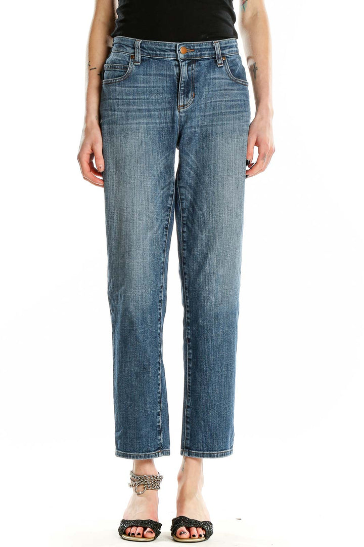 Front view of Eileen Fisher blue straight leg jeans in organic cotton