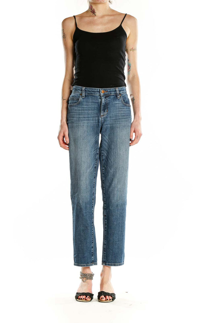 Front view of Eileen Fisher blue straight leg jeans in organic cotton