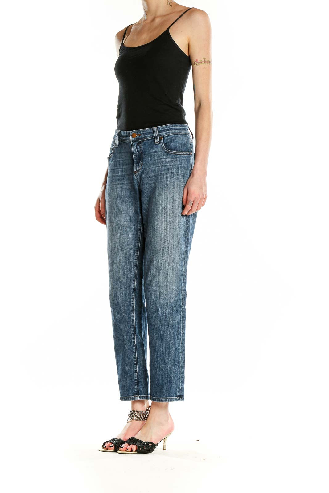 Front view of Eileen Fisher blue straight leg jeans in organic cotton