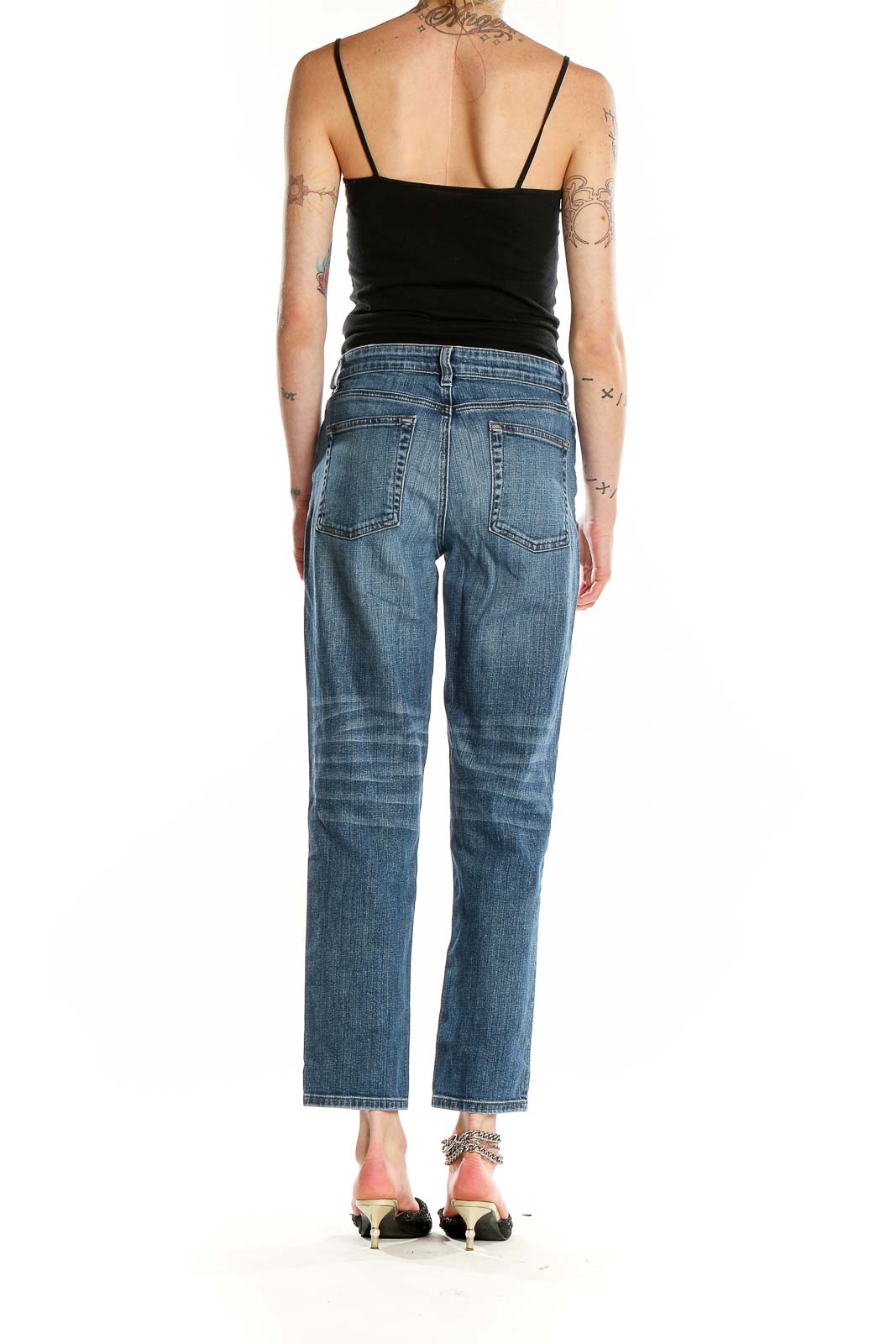 Back view of Eileen Fisher blue straight leg jeans showing classic pocket design